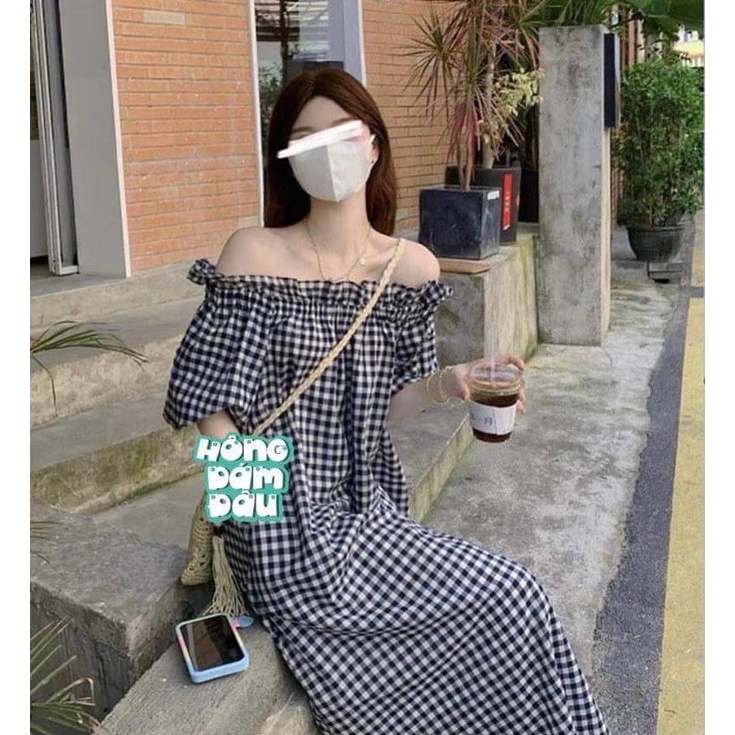 Váy kẻ xuông bèo vai TC12