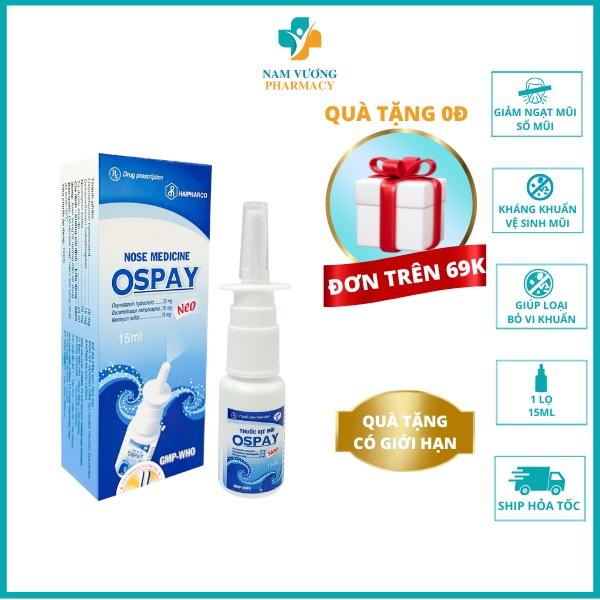 Ospay Neo - Nước xịt chống ngạt mũi, sổ mũi ngăn ngừa nước mũi, kháng khuẩn, vệ sinh mũi - Hộp 15ml