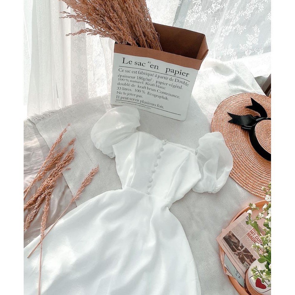 Đầm xòe tay phồng phối nút ngực chất tơ xinh cực Bori dress
