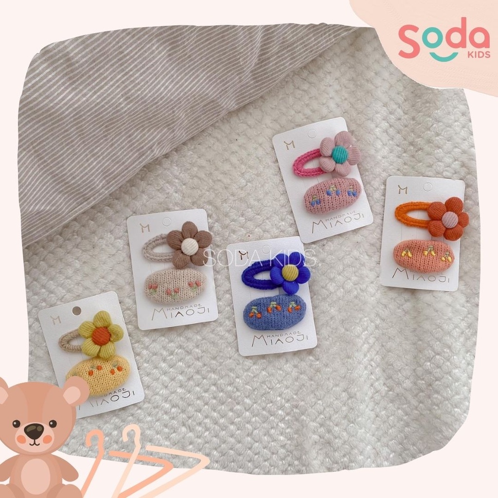 Bộ kẹp tóc len thêu hoa 2 chiếc cho bé gái (Ảnh thật)