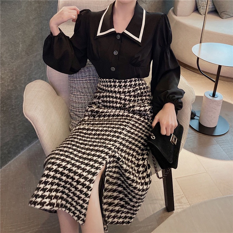 Áo sơ mi tay dài màu đen/ Chân váy dài lưng cao IELGY thiết kế thời trang cho nữ