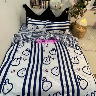 Bộ Ra Trải Giường 5 Món Cotton 98% Sọc Trắng Xanh M2-M4-M6-M8x2M