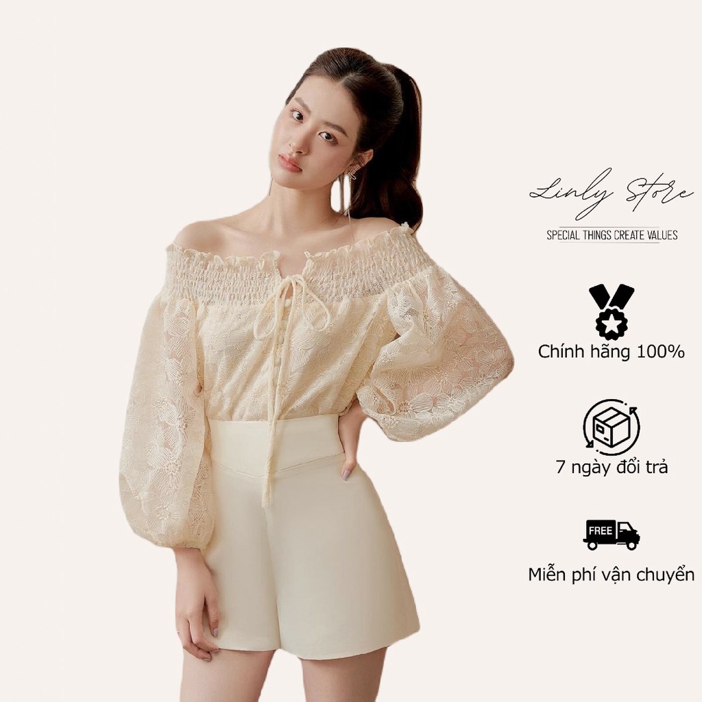 Áo trễ vai tay bồng dài Linly Store chất tơ họa tiết A-TVNO2