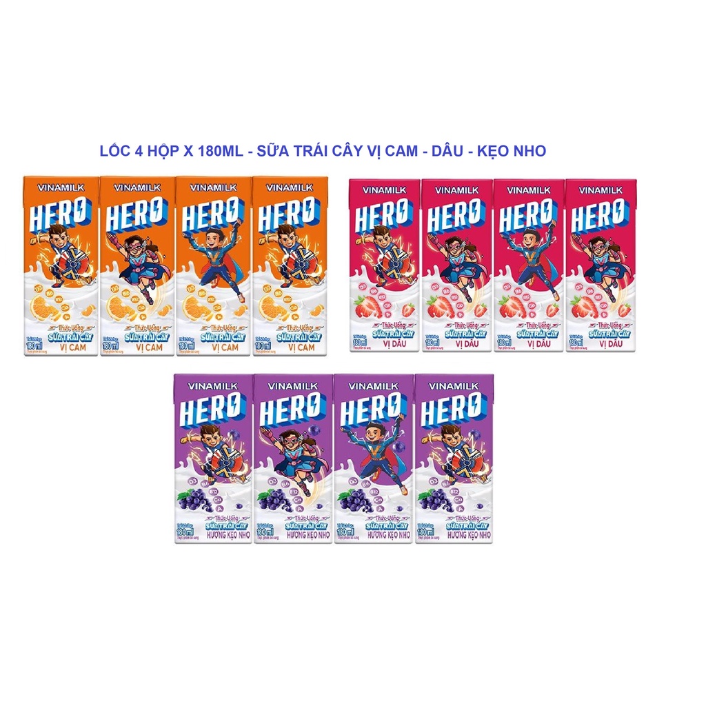 THỨC UỐNG SỮA TRÁI CÂY HERO VỊ CAM, DÂU VÀ KẸO NHO - LỐC 4 HỘP X 180ML