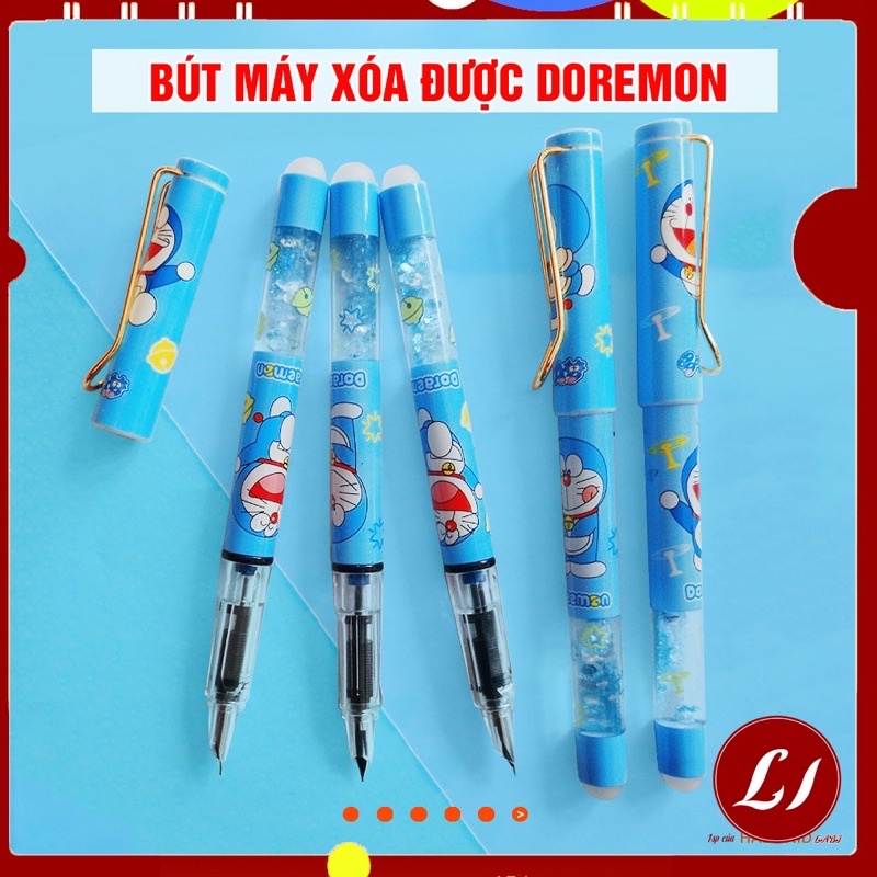 Bút máy tẩy xoá được nhũ Pokemon - Doraemon - ngòi lá tre nét nhỏ kèm 1 ống mực