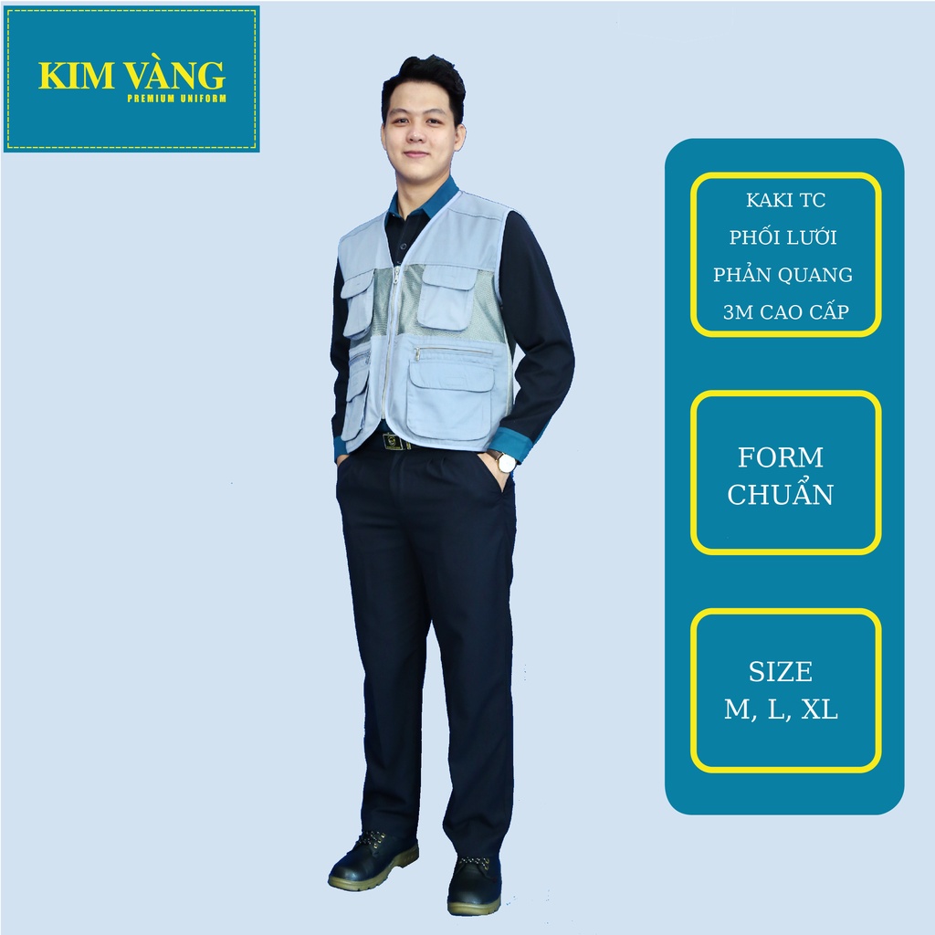 Áo ghile kĩ sư, đồng phục bảo hộ lao động chất liệu kaki TC phối lưới phản quang 3M cao cấp - Màu xám