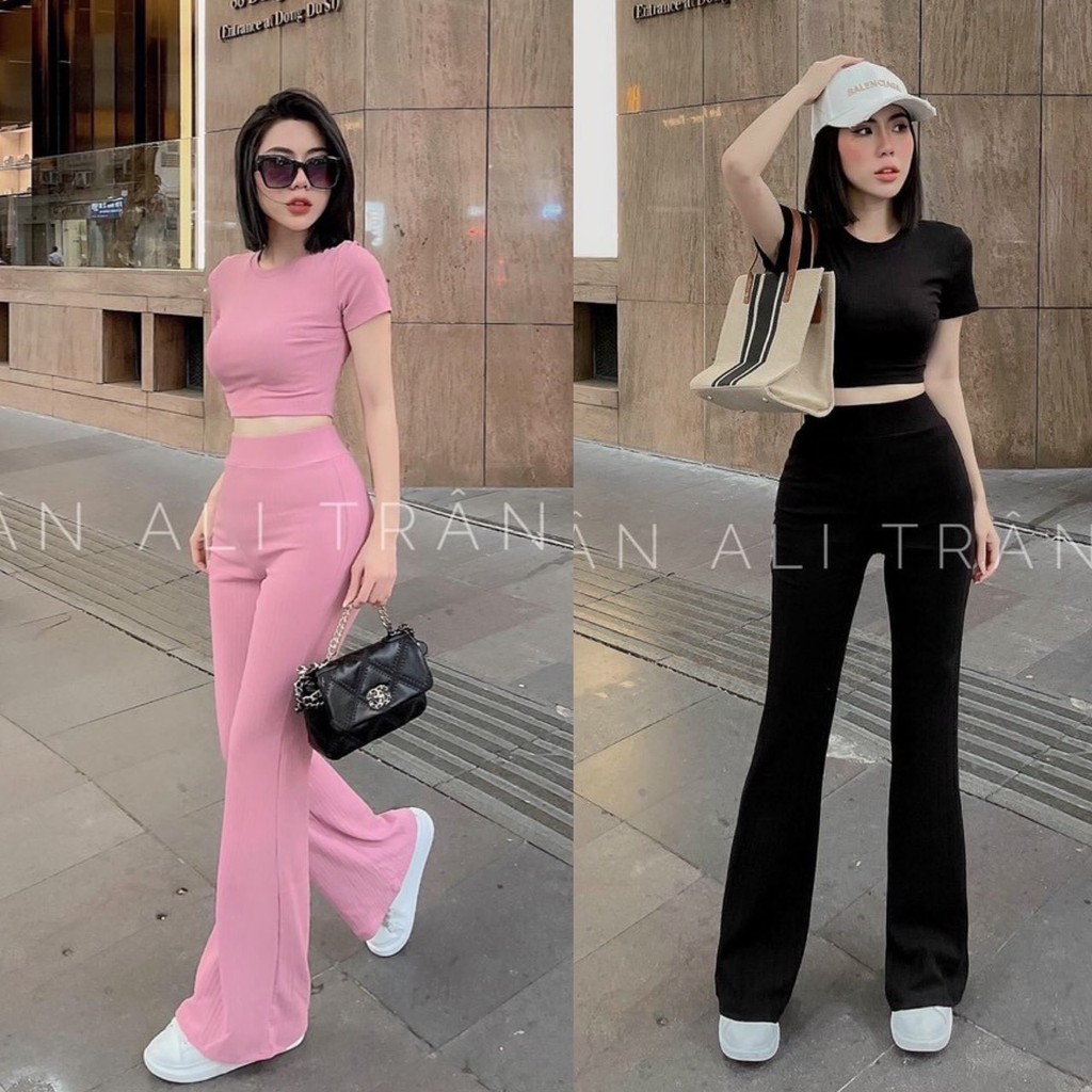 Set Bộ Quần Dài Ống Loe Kèm Áo Croptop Tay Ngắn Chất Thun Gân Chính Phẩm Thích Hợp Mặc Đi Tiệc Đi Làm Đi Chơi