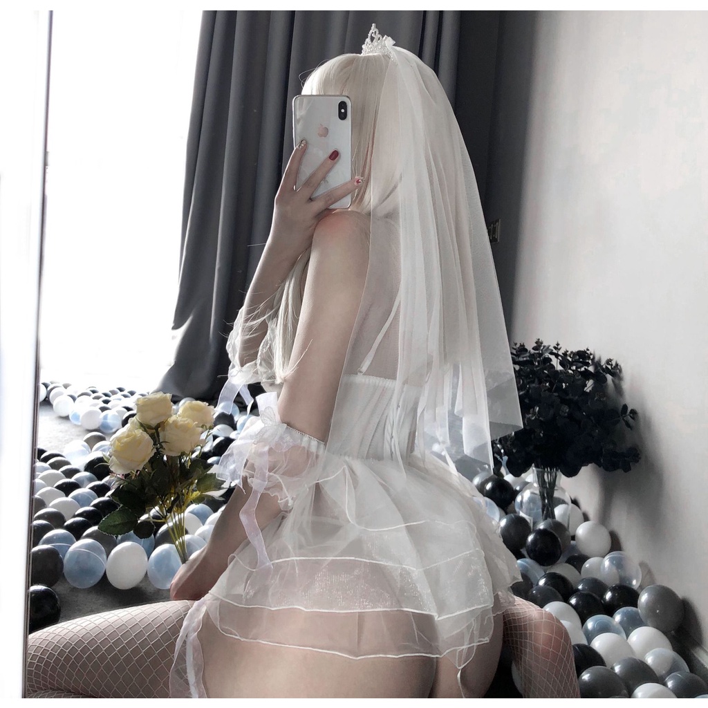 Đồ ngủ sexy đồ ngủ nữ cosplay cô dâu sexy ren lưới hoa văn màu trắng freesize QUENQUEN store b5 | BigBuy360 - bigbuy360.vn