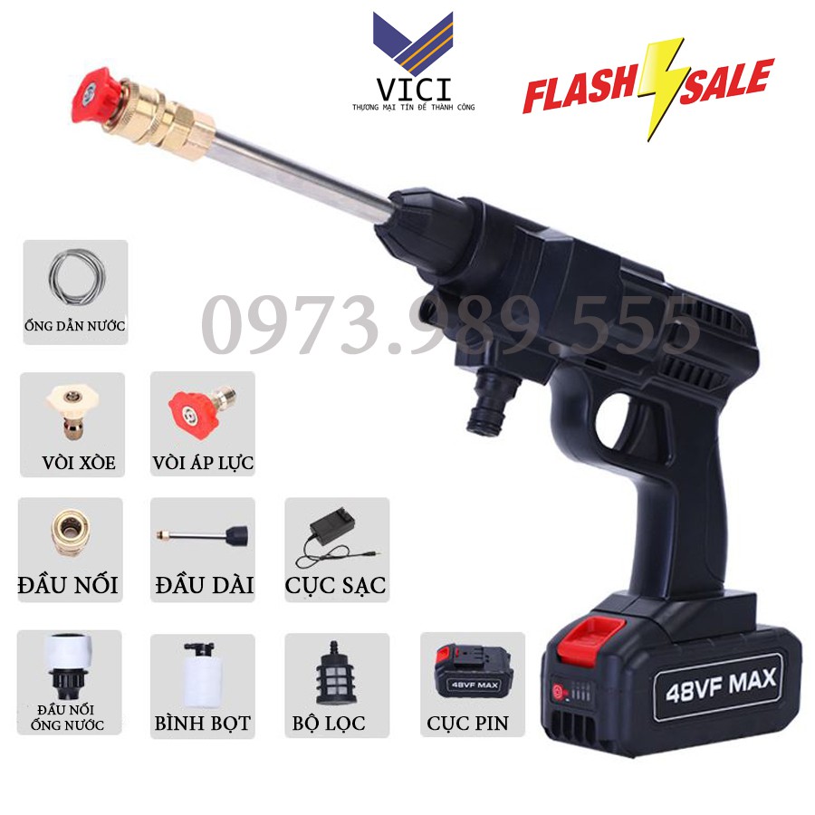 Máy Rửa Xe Mini Dùng Pin Hàng Nội Địa Cao Cấp- Chạy Pin 48V- 380W, Áp Lực Cao, Tặng Kèm Bình Tạo Bọt. TẶNG HỘP NHỰA ĐỰNG