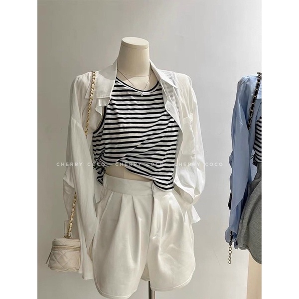 Set sơmi trơn kèm áo ba lỗ kẻ sọc phong cách Hàn Quốc, sơ mi nữ