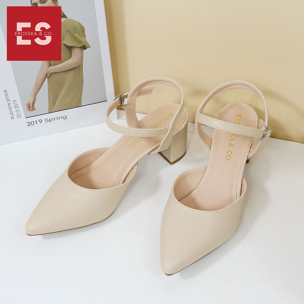 Erosska Giày cao gót Erosska thời trang mũi nhọn phối dây hở gót cao 5cm màu đen _ EK001