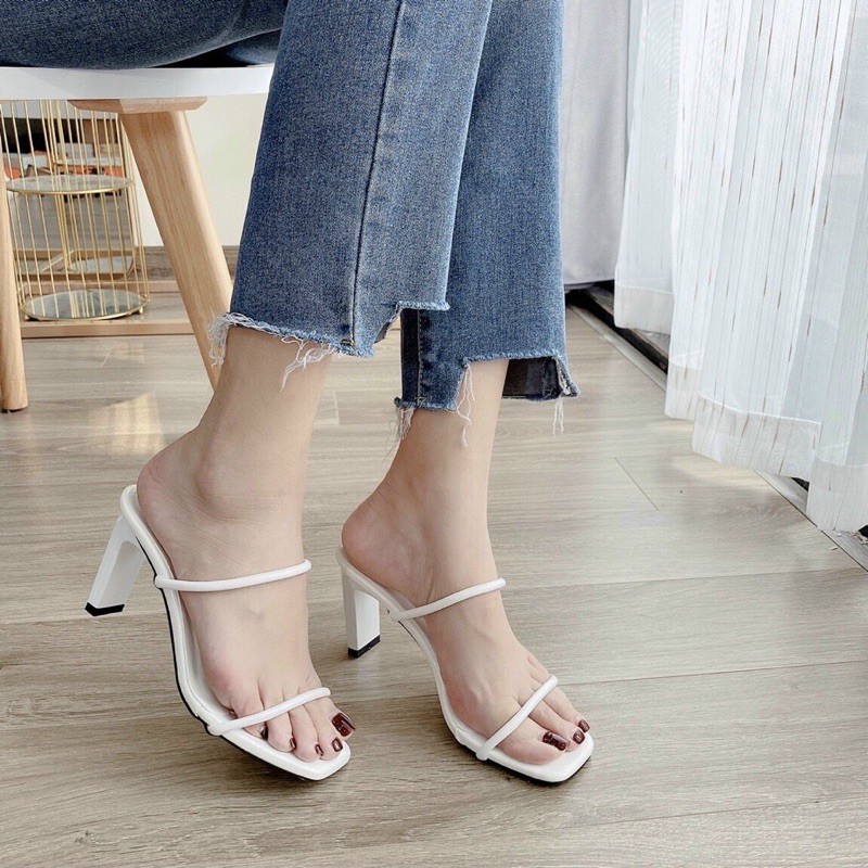 Guốc gót dẹt mảnh quai mảnh trắng đen nâu