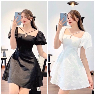 Đầm chéo dây cổ tay phồng form ngắn tiểu thư