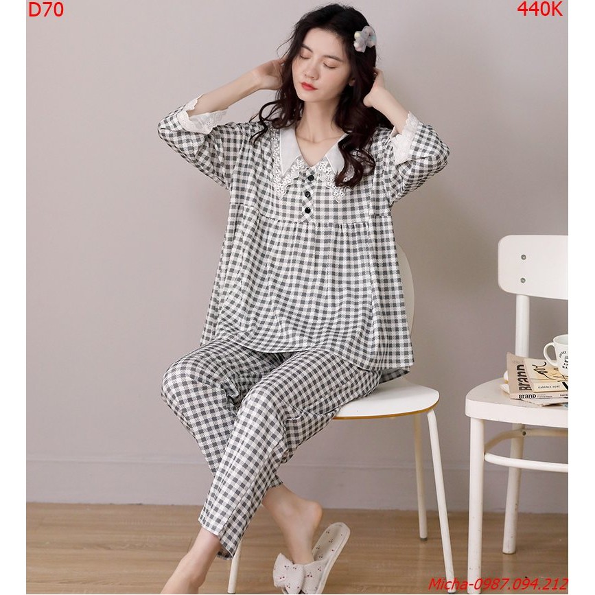 Bộ đồ ngủ kẻ caro dáng baby doll cổ ren sang chảnh - Micha M24