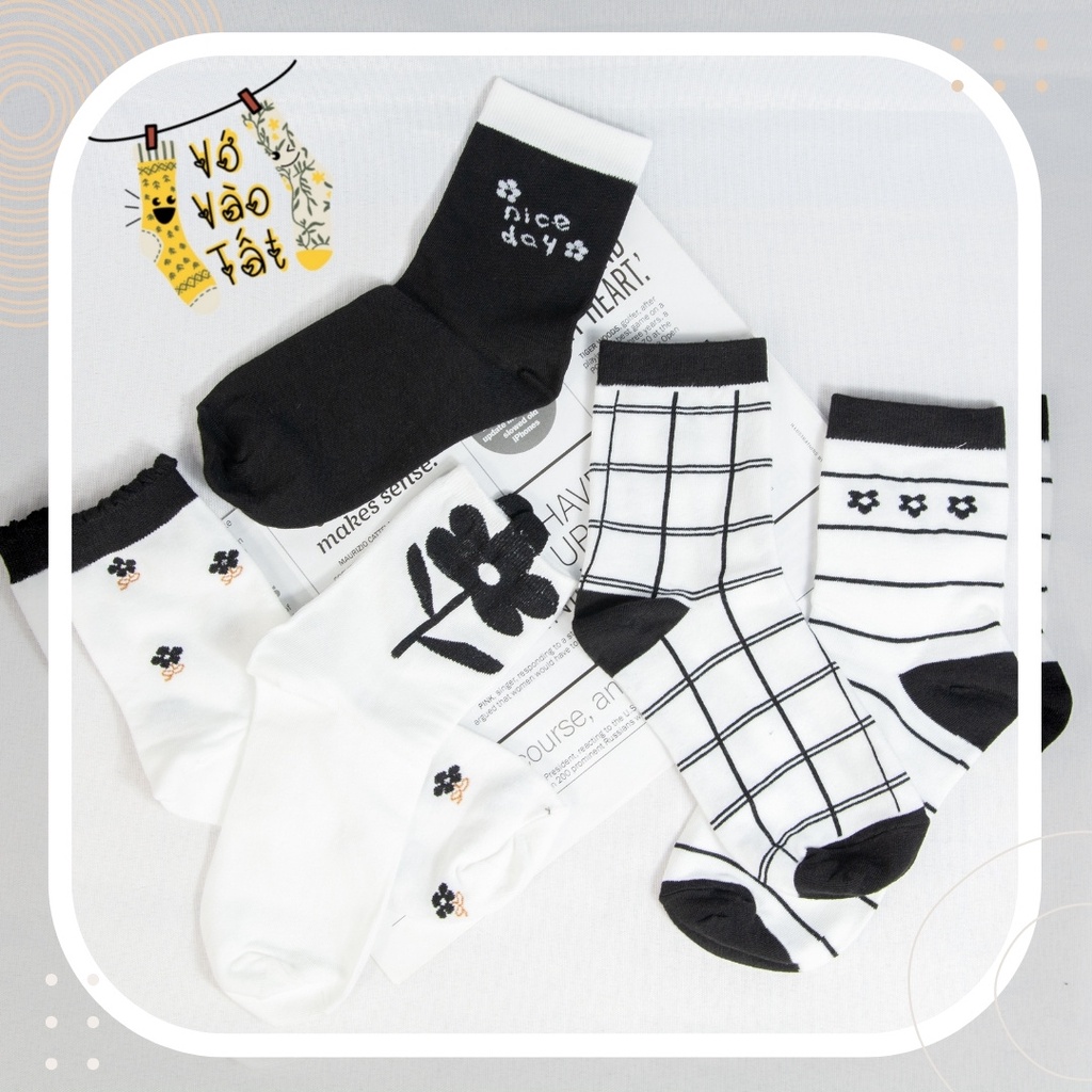 TẤT VỚ CỔ CAO NỮ HỌA TIẾT HOA TRẮNG ĐEN CỔ ĐIỂN