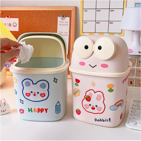 Thùng rác Ếch cute có nắp để bàn cỡ lớn TẶNG STICKER, giỏ nhựa đựng bút đồ dùng học sinh đa năng giá rẻ