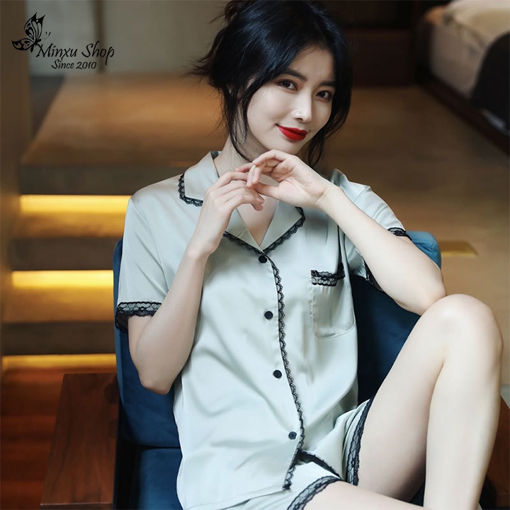 Bộ pijama lụa cao cấp, bộ đồ CỘC TAY QUẦN ĐÙI MÁT MẺ nữ tính phong cách Hàn Quốc Mã PE