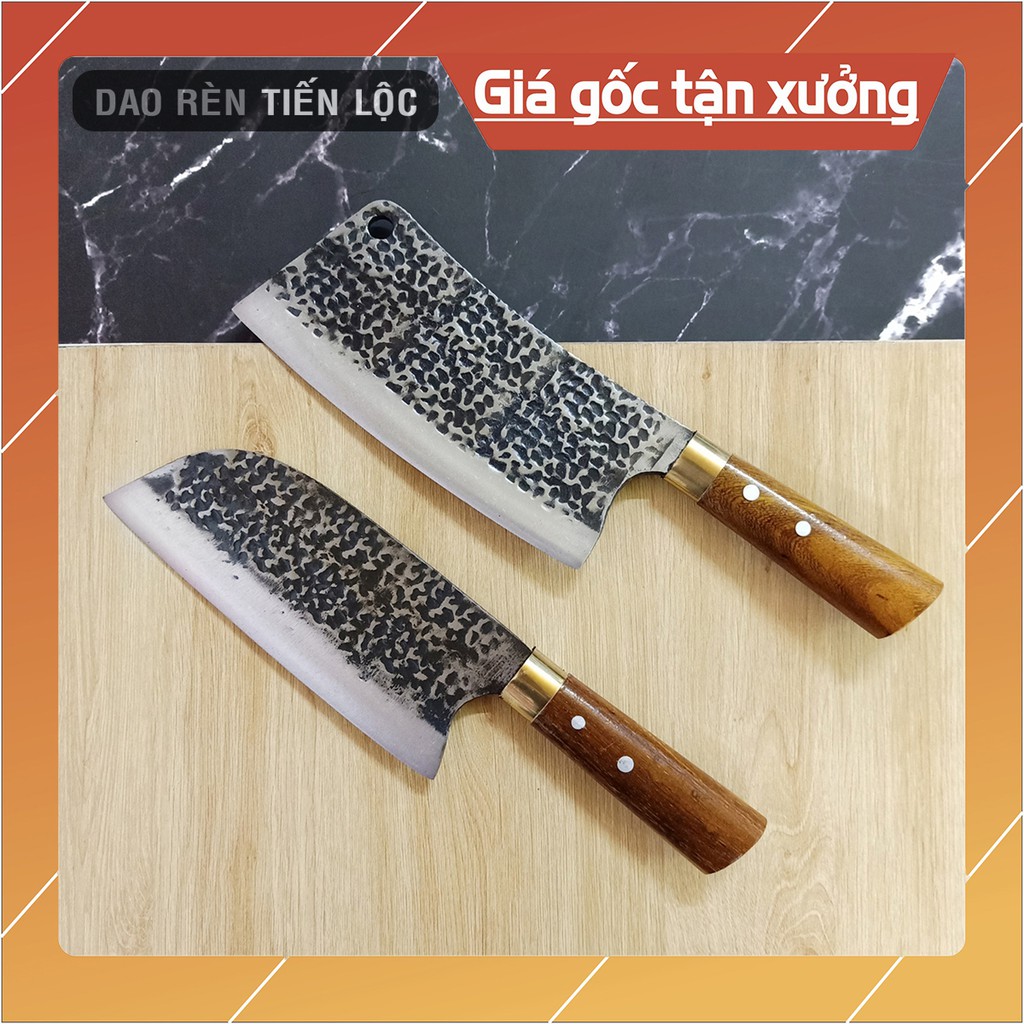 [GIÁ SỈ] Bộ 2 Dao Chặt, Thái Rèn Từ Thép Nhíp Cao Cấp - Cán Cẩm Chỉ Khâu Đồng