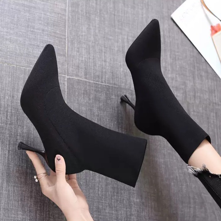 Giày Bốt Cao Gót Mũi Nhọn Phối Tất Mỏng Co Giãn Thời Trang Thu Đông Hàng Mới 2021 Dành Cho Bạn Nữ