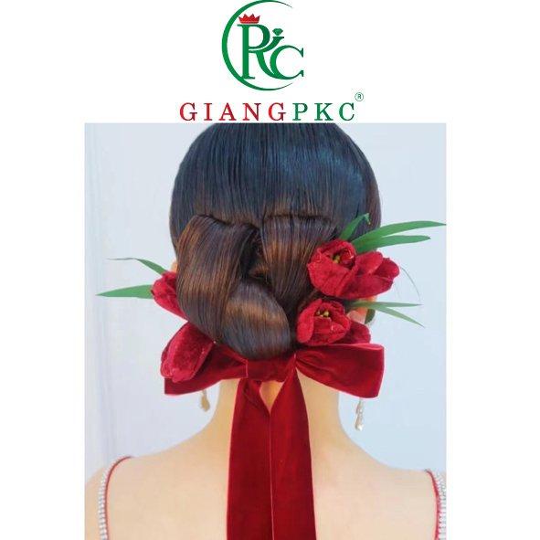 Bộ cài tóc cô dâu hoa tulip nhung kèm dây băng đô nhung đỏ đô Giangpkc 2022  Phụ kiện cưới Giang