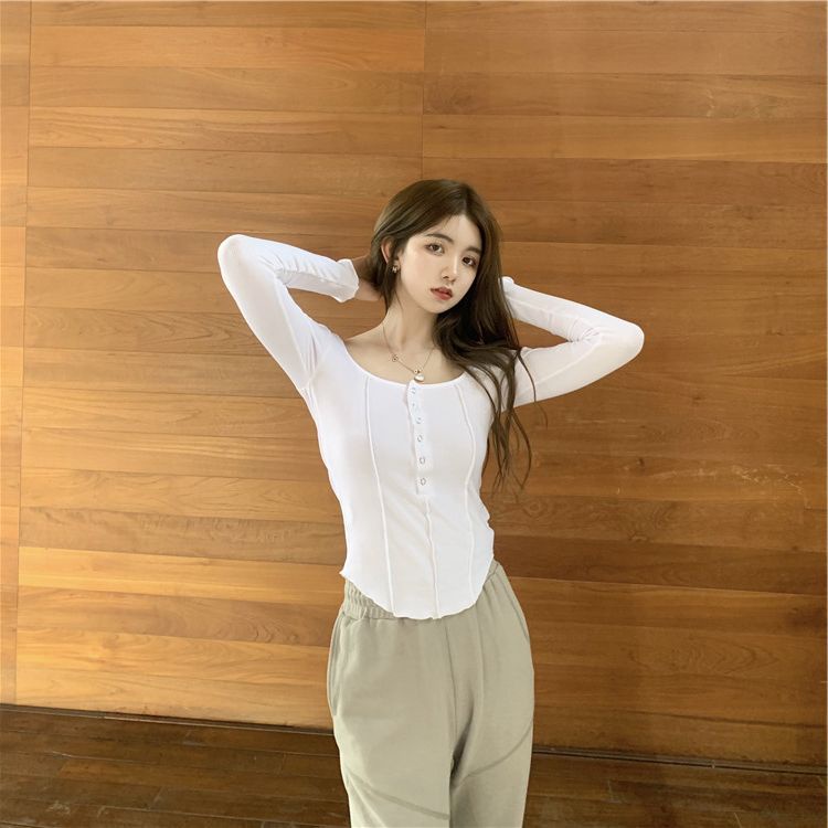 Áo thun tay dài cổ tròn màu sắc đơn giản