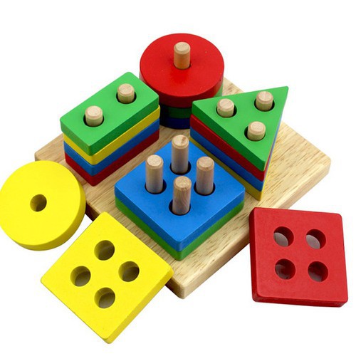 Đồ chơi gỗ,Thả Hình Khối Luồn Cọc Montessori 4 cọc - Giúp bé Học Phân Biệt Màu Sắc, Hình Khối