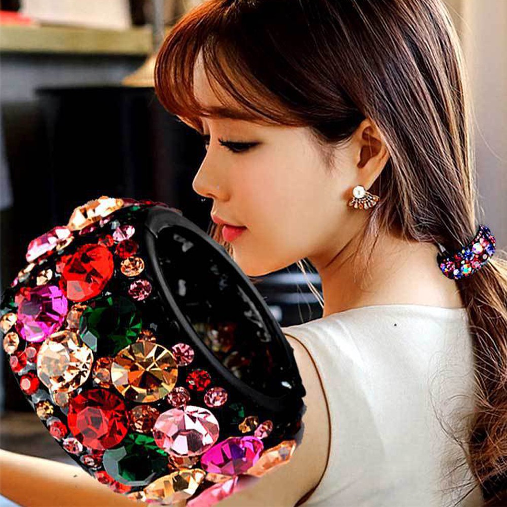 Kẹp tóc dạng gắp thiết kế hình vòng có đính đá má lấp lánh tạo kiểu tóc đuôi ngựa dễ thương