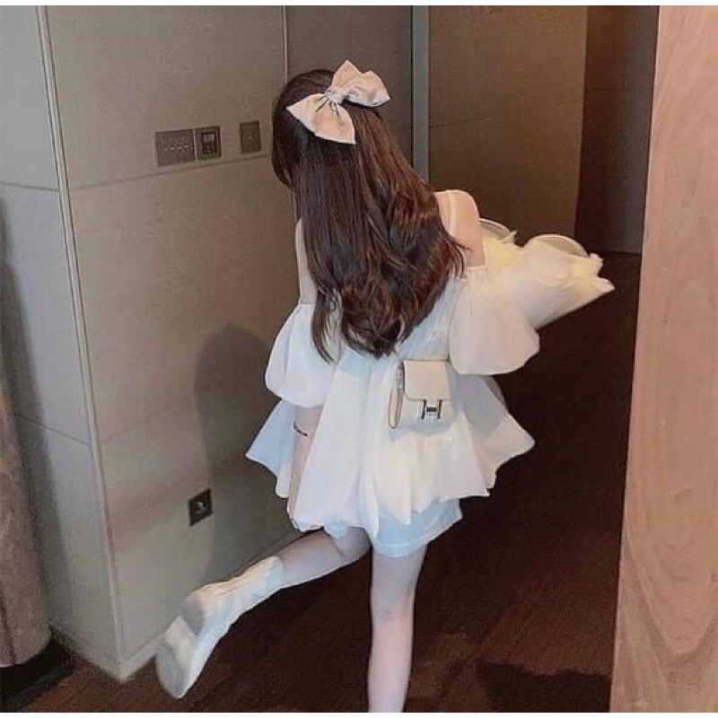 Váy Trễ Vai 2 Dây Bèo Trắng 2 Lớp Dáng Xoè - Đầm Babydoll Màu Be Trẻ Trung Tay Phồng Phong Cách Tiểu Thư Nữ Tính
