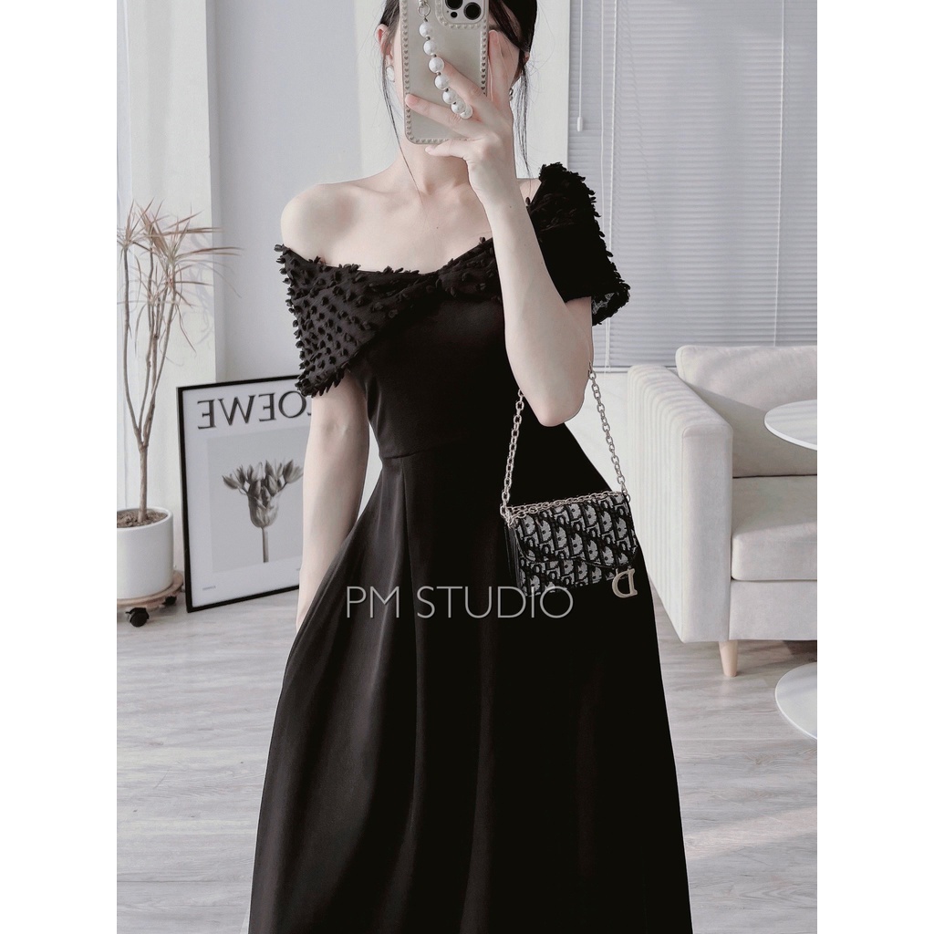 Váy đen trễ vai dáng xòe cao cấp Vaydentrevai113