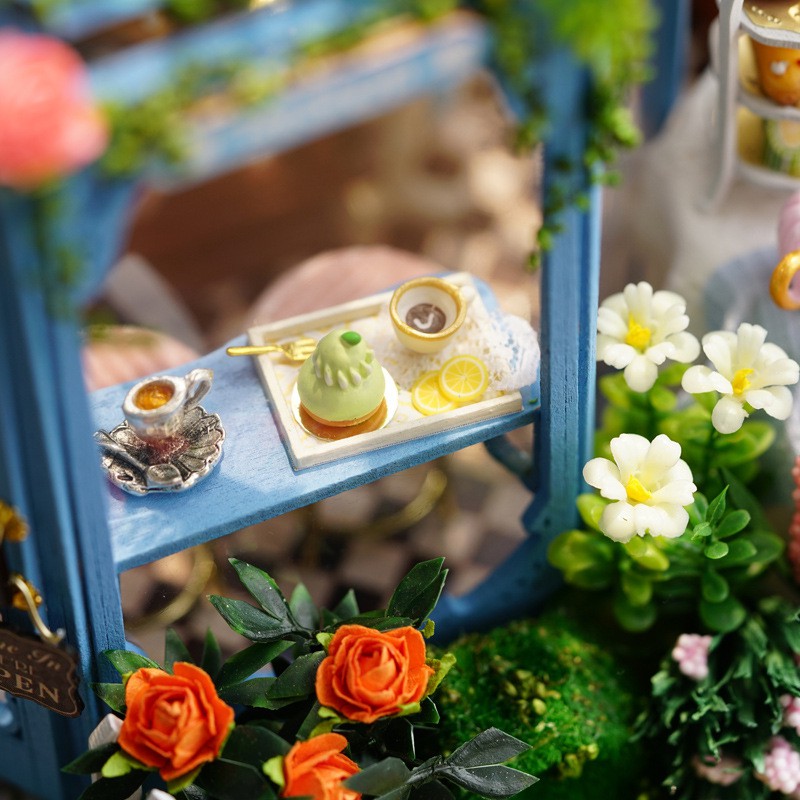 Mô hình nhà DIY Doll House Rose Garden Tea House Kèm Mica Chống bụi, Bộ dụng cụ, Keo dán và Bộ phát nhạc