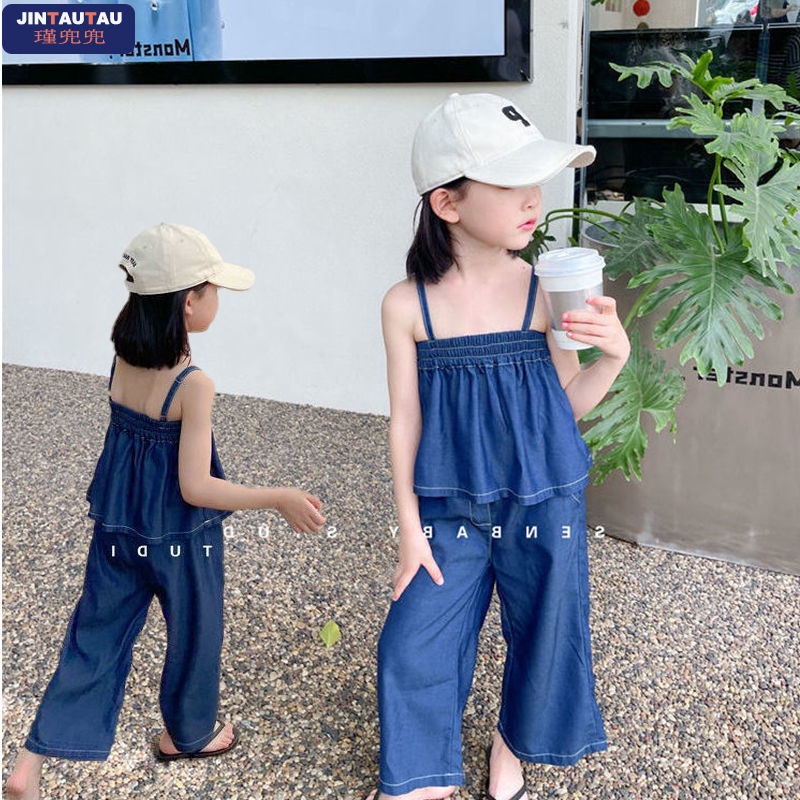 Bộ Áo Hai Dây Denim Dáng Rộng + Quần Yếm Denim Phong Cách Hàn Quốc Thời Trang Mùa Hè Tinh Tế Cho Bé Gái 0512