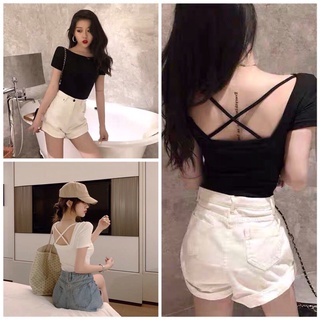 Áo kiểu thun croptop tay ngắn phối dây chéo basic