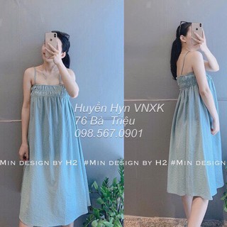 váy 2 dây đi biển nhún 3 vòng ngực xinh xắn