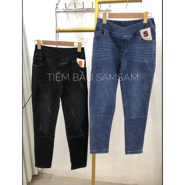 QUẦN JEANS BÒ BẦU DÀI CẠP CHÉO CO GIÃN MỀM MẠI