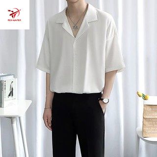 Áo Sơ Mi Trắng Đen Ngắn Tay Cổ Vest Vải Lụa Nam Nữ Unisex