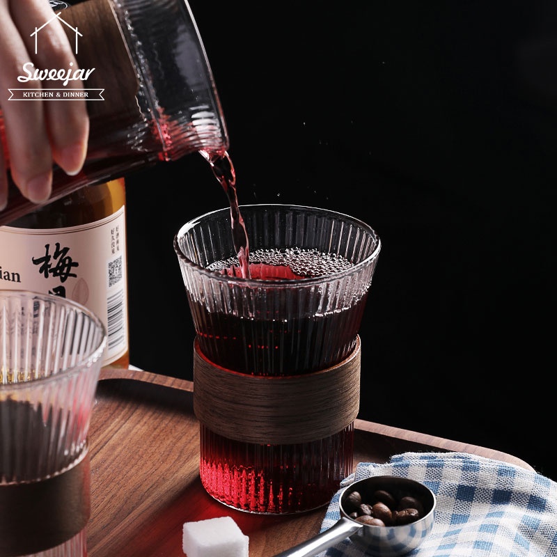 Ly pha cà phê/trà SWEEJAR bằng thủy tinh borosilicate kèm vòng gỗ cầm tay chống bỏng tiện dụng 250ml