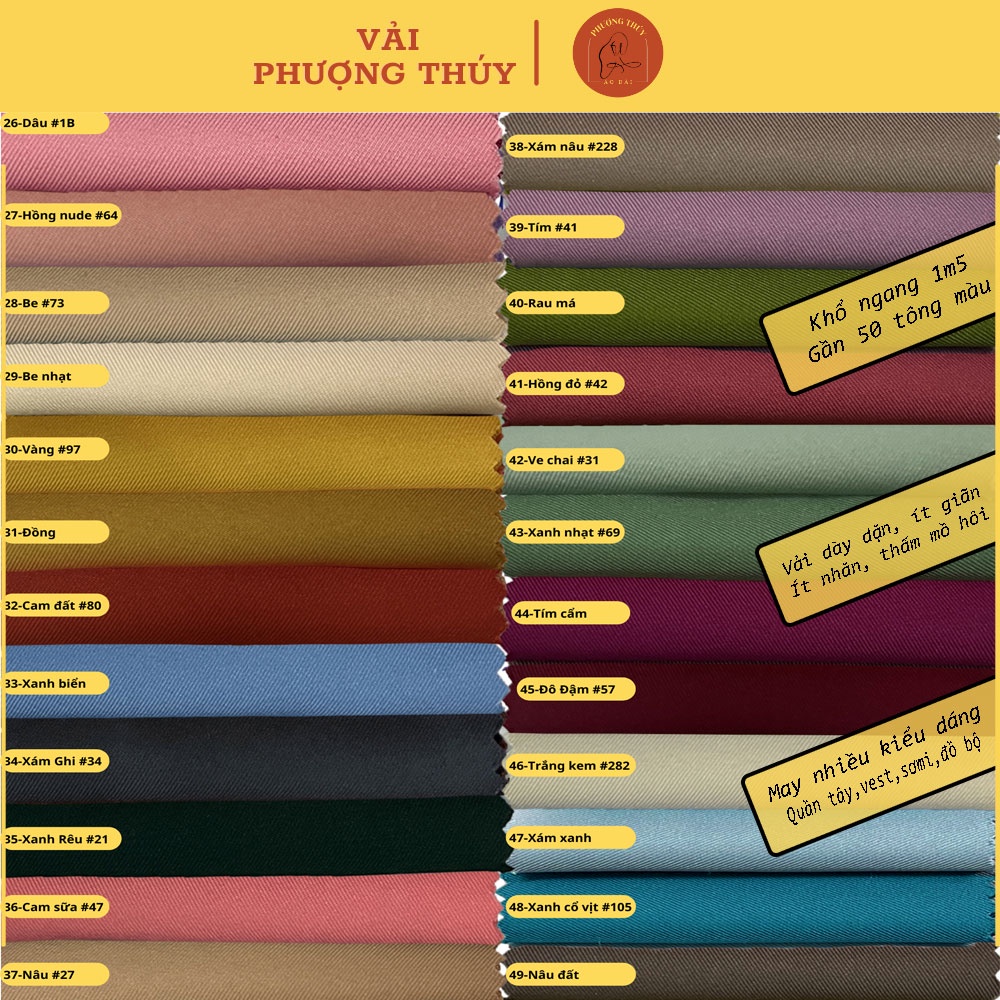 Vải Cotton lạnh may đầm váy, quần tây ống suông, vest blazer mềm mịn ít giãn vải trơn màu khổ 1m5 Phượng Thúy