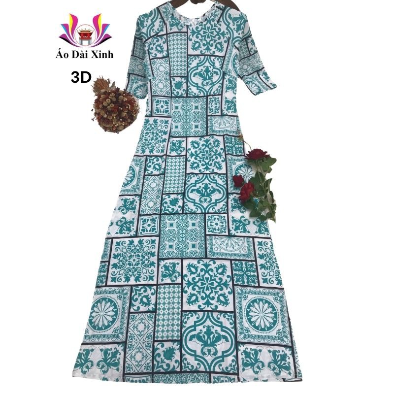 Áo dài truyền thống in 3D cổ tròn tay lỡ màu xanh họa tiết
