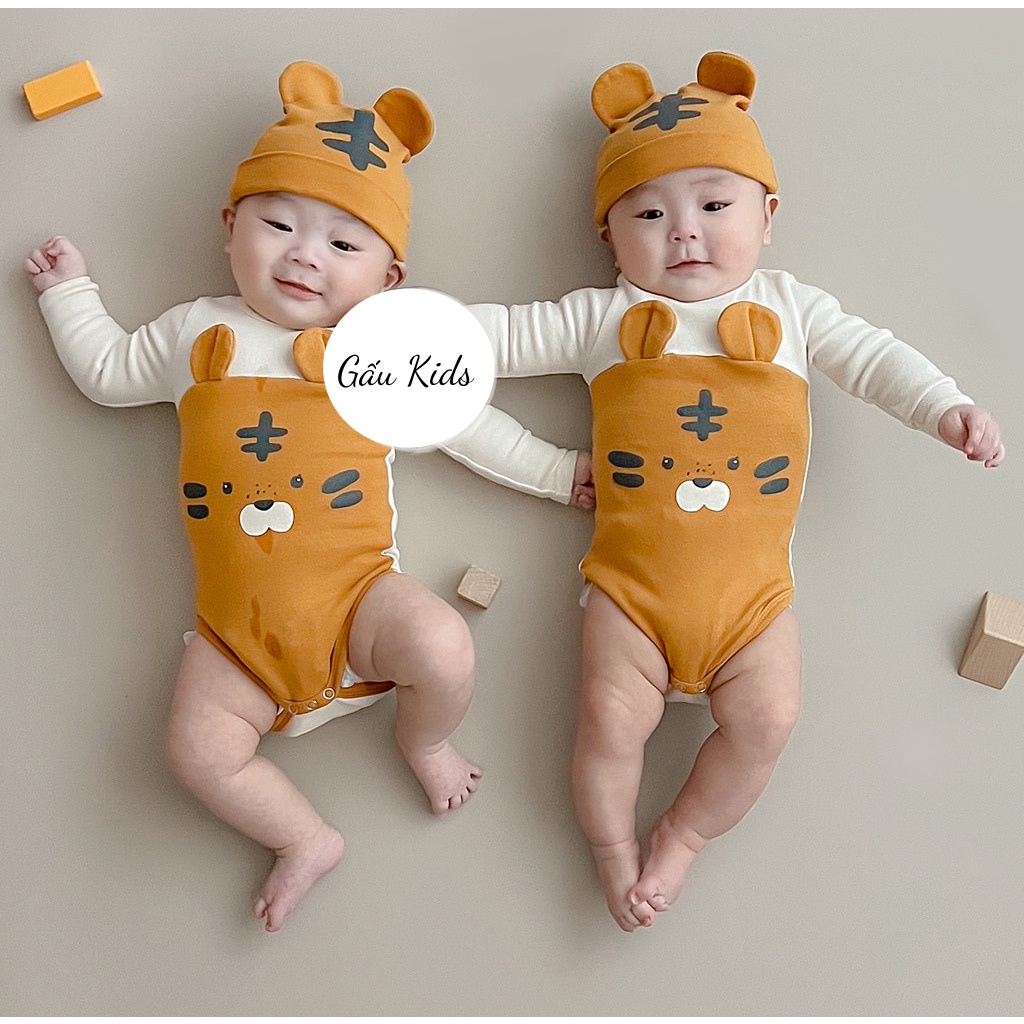 Body suit tay cộc cho bé trai, bé gái chất cotton organic hình hổ kèm mũ, bộ cho bé size 3 - 14 kg TE03