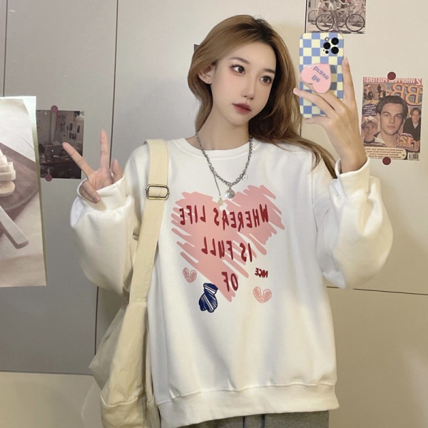 Áo sweatshirt PEWARNA IKAT dài tay họa tiết trái tim hoạt hình dáng rộng phong cách Nhật Hàn thời trang thu đông cho nữ