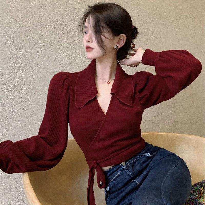 △₪◆Áo Dệt Kim Tay Phồng Cổ Chữ V Thắt Dây Màu Đỏ Phong Cách Retro Kiểu Pháp Mới Dành Cho Nữ
