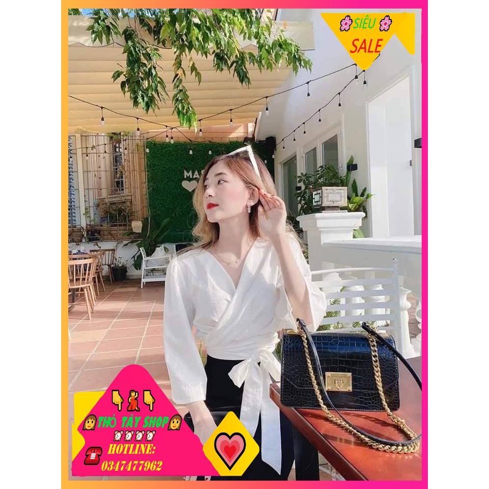 💢FREE SHIP💢 Áo kiểu nữ cổ lệch thắt nơ eo, áo nữ đẹp, áo kiểu crotop nữ |THỎ TÂY SHOP|