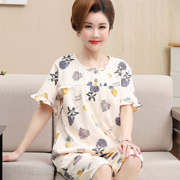 Bộ đồ ngủ bà mẹ trung niên cotton mùa hè Quần cắt ngắn tay dành cho người và cao tuổi gầy cộng với size phù hợp