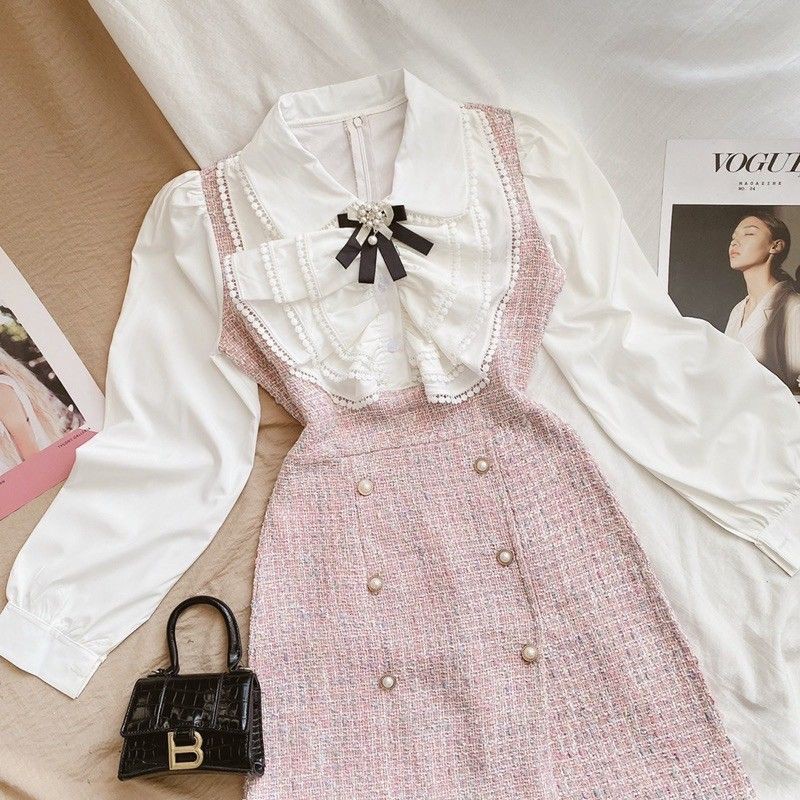 Váy dạ tweed hồng áo sơ mi  tag nơ kẻ hồng kèm ảnh thật MS101