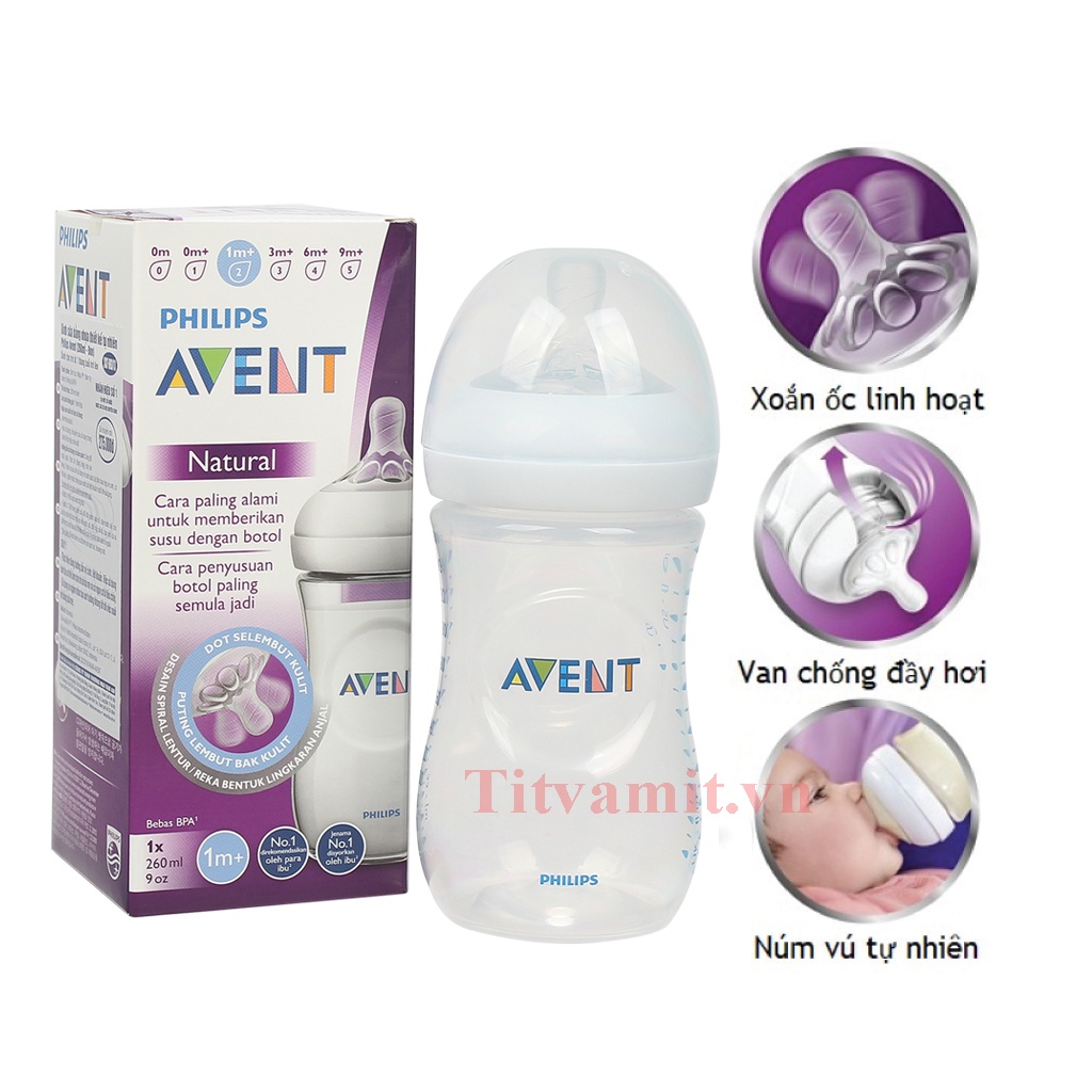 [Tặng Tay Cầm+Chọn size núm] Bình Sữa Avent Natural 60ml/125ml/260ml/330ml 100% Chính Hãng