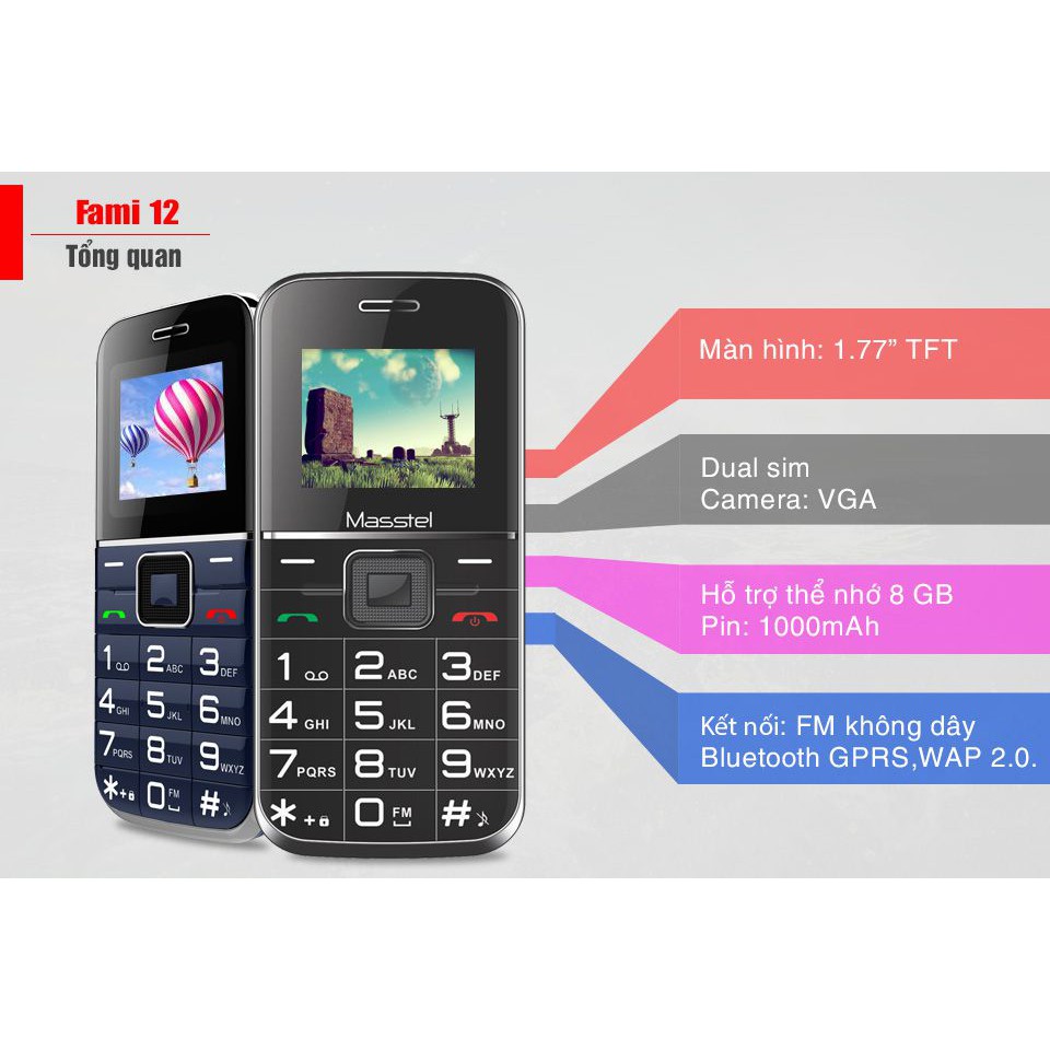 [Mã 2611DIENTU500K hoàn 7% đơn 300K] Điện thoại người già MASSTEL FAMI 12- Bàn phím lớn- Loa to- BH 12 tháng | BigBuy360 - bigbuy360.vn