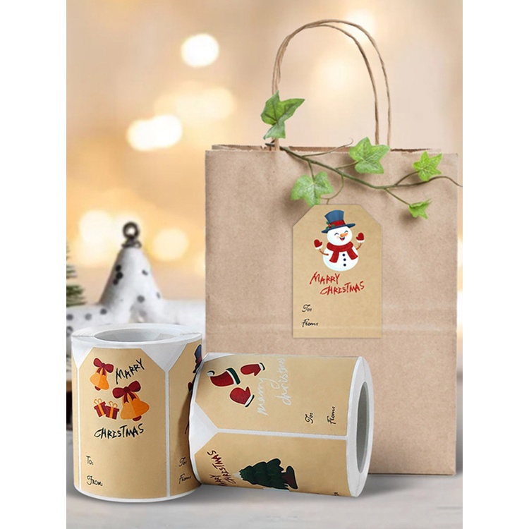 Cuộn 250 Nhãn Dán Trang Trí Quà Giáng Sinh Bằng Giấy Kraft