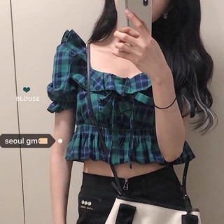 ORDER Set Áo Croptop nó bèo rút dây kẻ caro - 2 màu