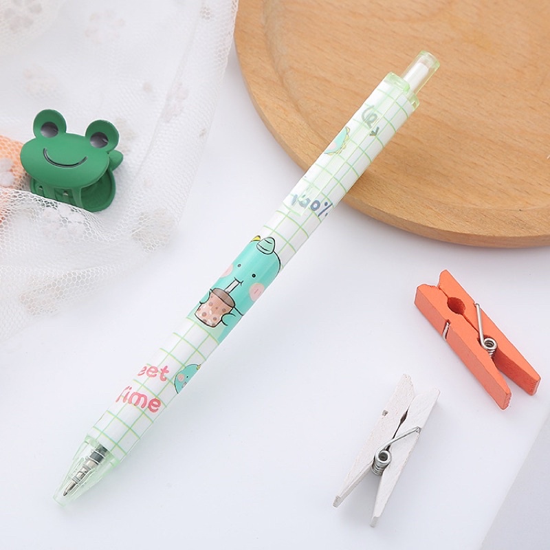 Bút bi bấm khủng long xanh lá cute dễ thương, Bút gel mực dạng bấm 0.5mm, bút bi bấm mực đen cute Ếch ộp Vpp