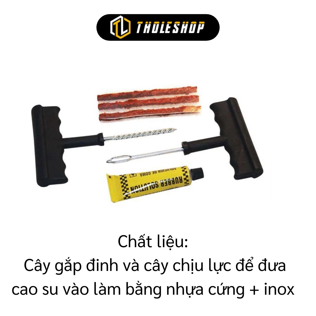 Bộ vá xe không ruột GIGAHOME Gồm 1 cây gắp đinh, 1 cây chịu lực để đưa cao su vào, 1 chai keo và 3 cây cao su 3085